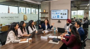 DualStaff recruitment team collaborating in their modern New Delhi office, featuring the gold 'DS' monogram logo on the glass partition and the cityscape view.